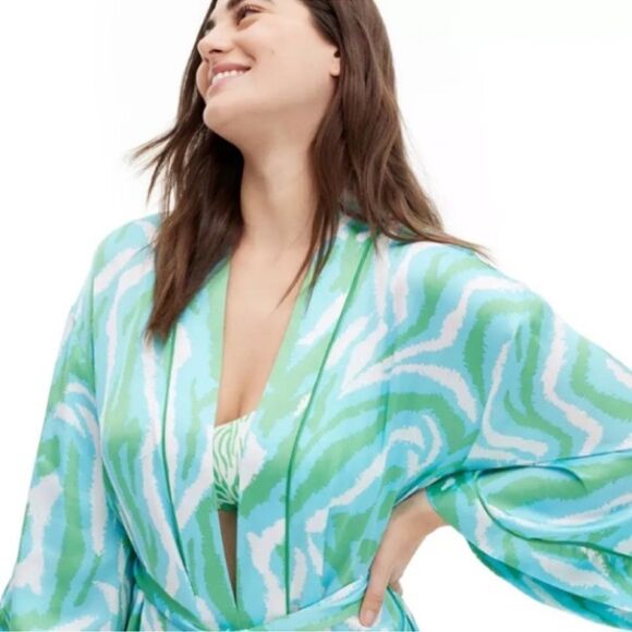 DVF x Target XL Disco Zebra White Blue Green Long Satin Belted Open Front - Picture 5 of 16